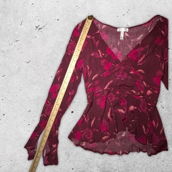 Leith Peplum Floral Blouse V-Neck Long Bell Sleeve Burgundy Pink Women’s US S - Picture 10 of 11